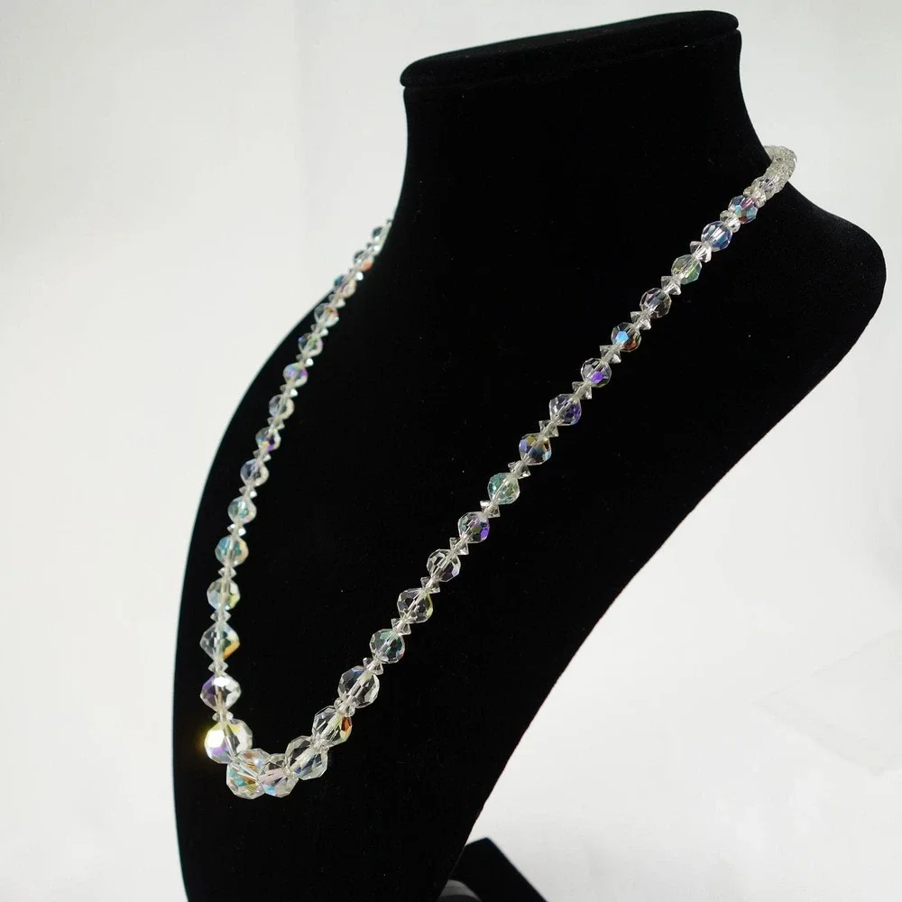 Vintage Aurora Borealis Crystal Graduated Beaded Necklace 20 Inch Clear AB